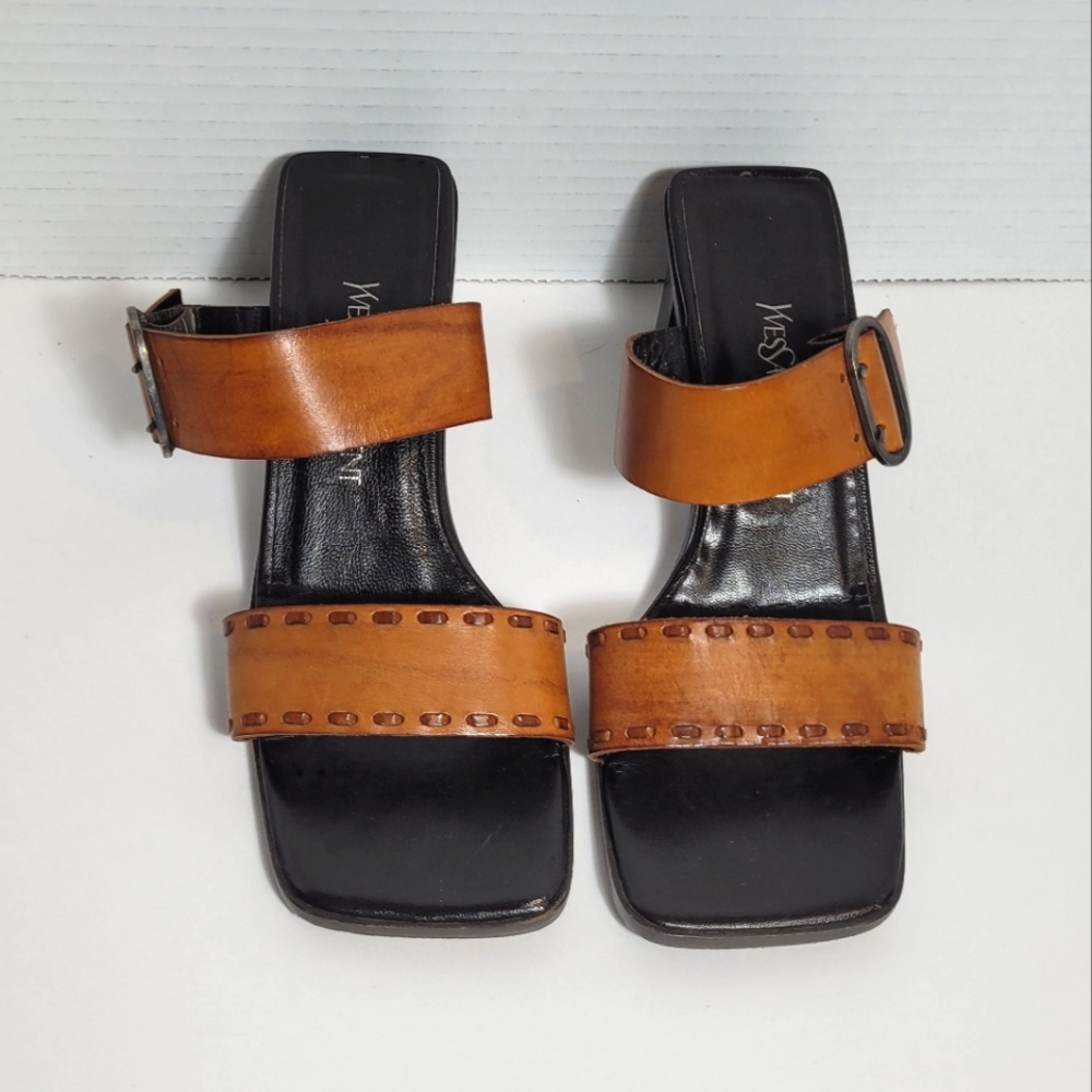 Yves Saint Laurent Dual Strap w Buckle Square Toe Vintage Leather Sandals 6.5Med - Picture 2 of 8